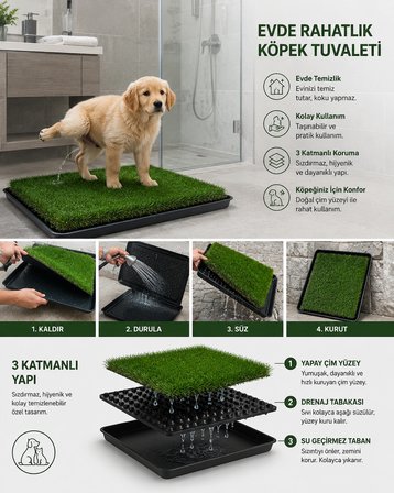 Pro Akıllı Çim Tuvaleti Köpek Kedi İçin 3 Katmanlı Yıkanabilir Hazneli 80x60 Büyük Boy
