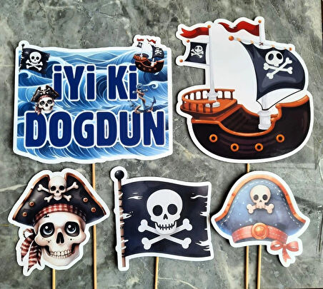 32 Parça Tam Set Korsan Temalı Deniz Kaptan Doğum Günü Seti Banner Pasta Kürdanı Cupcake Süsü Seti