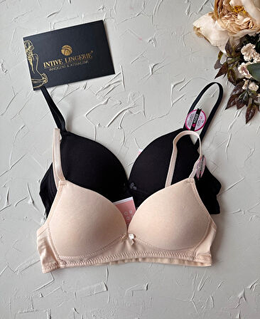 Koza %100 Pamuklu Balensiz İnce Askılı Genç Kız 2'li Alıştırma Sütyeni (Ten-Siyah/Melanj-Ekru)