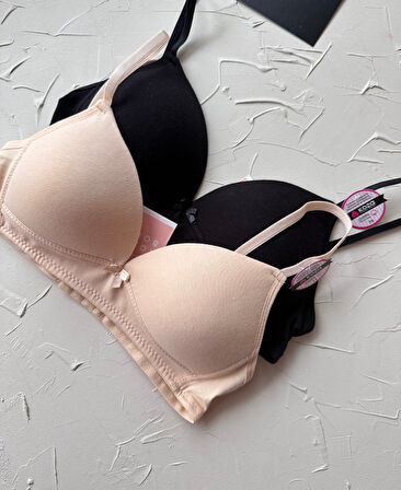 Koza %100 Pamuklu Balensiz İnce Askılı Genç Kız 2'li Alıştırma Sütyeni (Ten-Siyah/Melanj-Ekru)