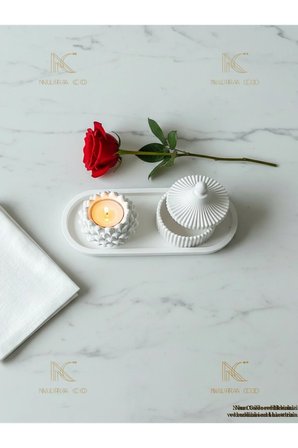 3'lü Dekoratif Set Kozalak Mumluk & Nervürlü Kapaklı Kutu & Oval Tepsi El Yapımı Ev Dekor Hediyelik