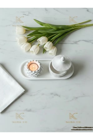 3'lü Dekoratif Set Kozalak Mumluk & Nervürlü Kapaklı Kutu & Oval Tepsi El Yapımı Ev Dekor Hediyelik