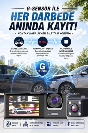 WiFi 1080p 3 Kameralı Araç İçi Kamera LCD Ekranlı Gece Görüşlü G Sensörlü Geniş Açılı