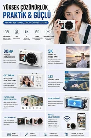  5K Ultra HD Dijital Fotoğraf Makinesi Çift Ekranlı 80MP Kamera 18X Dijital Zoom AF Otomatik Odaklı Vlog & Selfie