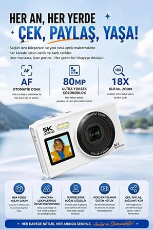 5K Ultra HD Dijital Fotoğraf Makinesi Çift Ekranlı 80MP Kamera 18X Dijital Zoom AF Otomatik Odaklı Vlog & Selfie