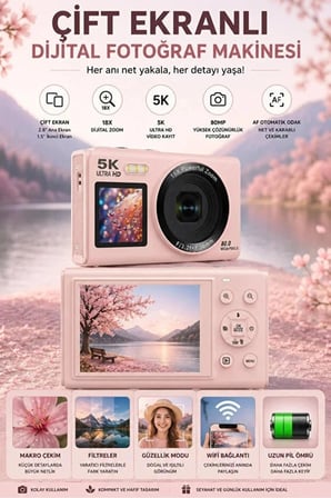  5K Ultra HD Dijital Fotoğraf Makinesi Çift Ekranlı 80MP Kamera 18X Dijital Zoom AF Otomatik Odaklı Vlog & Selfie