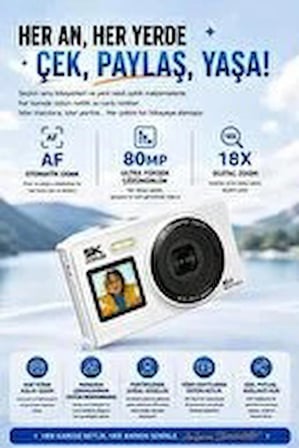  5K Ultra HD Dijital Fotoğraf Makinesi Çift Ekranlı 80MP Kamera 18X Dijital Zoom AF Otomatik Odaklı Vlog & Selfie
