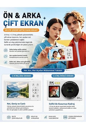  5K Ultra HD Dijital Fotoğraf Makinesi Çift Ekranlı 80MP Kamera 18X Dijital Zoom AF Otomatik Odaklı Vlog & Selfie