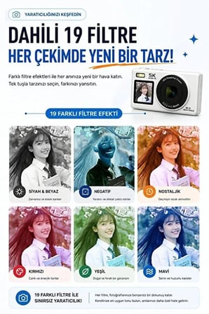  5K Ultra HD Dijital Fotoğraf Makinesi Çift Ekranlı 80MP Kamera 18X Dijital Zoom AF Otomatik Odaklı Vlog & Selfie