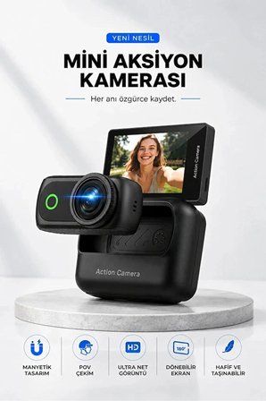  4K Ultra HD Hareketli Ekranlı Profesyonel Aksiyon Kamerası Manyetik Tutuş Flip Ekran Full Aparat