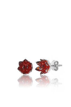 925 ayar gümüş, Garnet taşlı Rodyum kaplama Lotus Çiçeği küpe