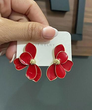 YARIM ÇİÇEK GOLD METAL KIRMIZI KÜPE