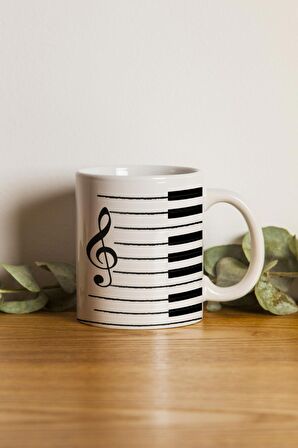 Porselen - Piano & Nota Desenli Tasarım Kupa Bardak- Makinede Yıkanabilir