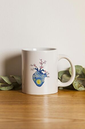 Porselen - Yıldızlı Gece Kalp Tasarımlı Kupa Bardak- Makinede Yıkanabilir