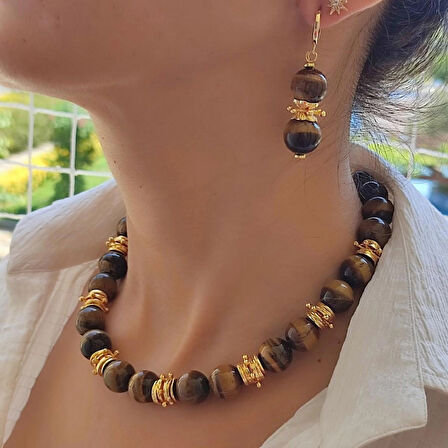 Kaplangözü Kolye, Doğal Kapşanlözü Choker, Doğal Taş Kolyeler, Kahverengi Kolye set, Kaplangözü Küpe