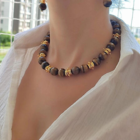 Kaplangözü Kolye, Doğal Kapşanlözü Choker, Doğal Taş Kolyeler, Kahverengi Kolye set, Kaplangözü Küpe