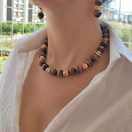 Kaplangözü Kolye, Doğal Kapşanlözü Choker, Doğal Taş Kolyeler, Kahverengi Kolye set, Kaplangözü Küpe