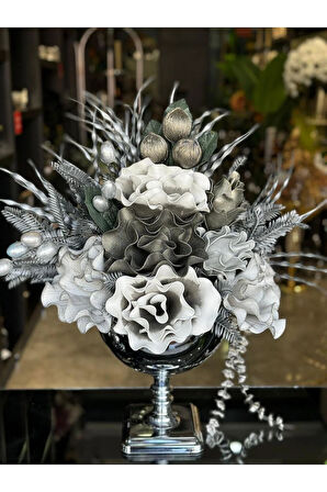 Yapay Çiçekli Gümüş Kare Ayaklı Vazo No:11