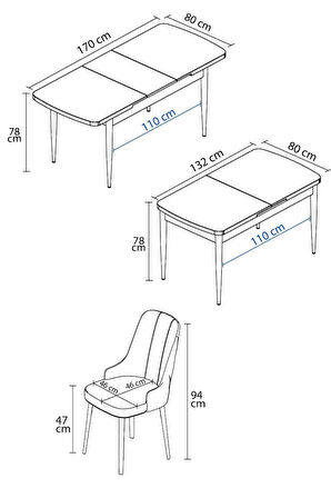 Arya Beyaz Mermer Desen 80x132 MDF Açılabilir Mutfak Masası Takımı 6  Sandalye