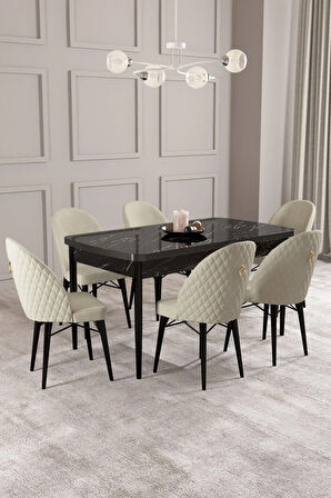 Arya Siyah Mermer Desen 80x132 MDF Açılabilir Mutfak Masası Takımı 6  Sandalye