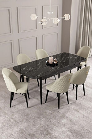Arya Siyah Mermer Desen 80x132 MDF Açılabilir Mutfak Masası Takımı 6  Sandalye
