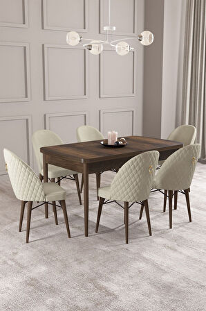 Calvin Barok Desen 80x132 Açılabilir Mdf Masa Yemek Odası Takımı, Mutfak Takımı 6 Adet Sandalye