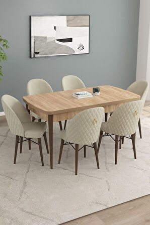 Calvin Meşe Desen 80x132 Açılabilir Mdf Masa Yemek Odası Takımı, Mutfak Takımı 6 Adet Sandalye