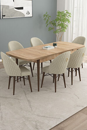 Calvin Meşe Desen 80x132 Açılabilir Mdf Masa Yemek Odası Takımı, Mutfak Takımı 6 Adet Sandalye