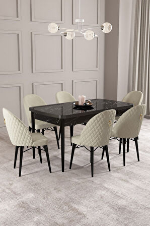 ​​​​​​​Calvin Siyah Mermer Desen 80x132 Açılabilir Mdf Masa Yemek Odası Takımı, Mutfak Takımı 6 Adet