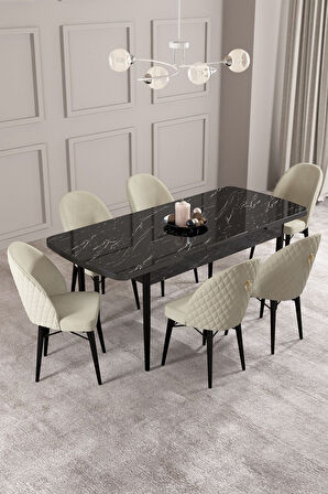​​​​​​​Calvin Siyah Mermer Desen 80x132 Açılabilir Mdf Masa Yemek Odası Takımı, Mutfak Takımı 6 Adet