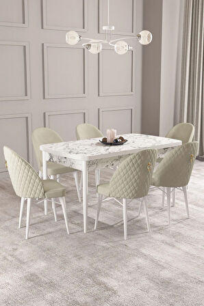 Calvin Beyaz Mermer Desen 80x132 MDF Açılabilir Mutfak Masası Takımı 6  Sandalye