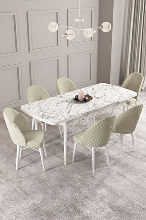 Calvin Beyaz Mermer Desen 80x132 MDF Açılabilir Mutfak Masası Takımı 6  Sandalye