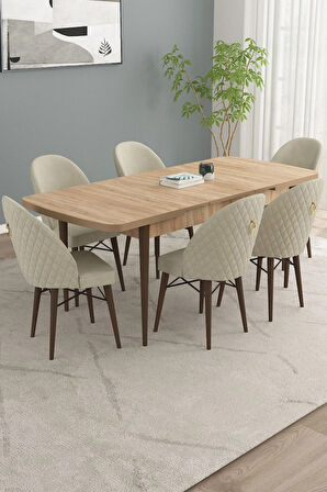 Calvin Meşe Desen 80x132 MDF Açılabilir Mutfak Masası Takımı 6  Sandalye