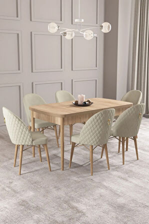 Calvin Meşe Desen 80x132 MDF Açılabilir Mutfak Masası Takımı 6  Sandalye
