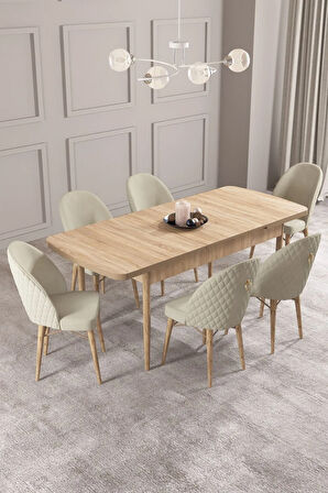 Calvin Meşe Desen 80x132 MDF Açılabilir Mutfak Masası Takımı 6  Sandalye