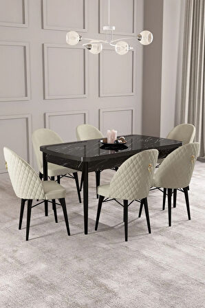 Calvin Siyah Mermer Desen 80x132 MDF Açılabilir Mutfak Masası Takımı 6  Sandalye