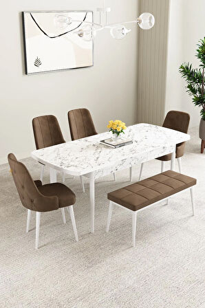 Ikon Beyaz 80x132 MDF Açılabilir Mutfak Masası Takımı 6  Sandalye