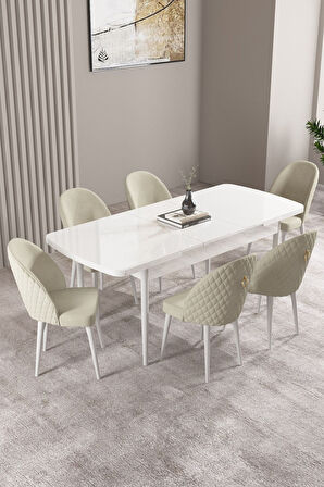 Milas Beyaz 80x132 Açılabilir Mdf Masa Yemek Odası Takımı, Mutfak Takımı 6 Adet Sandalye