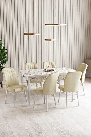Vien Beyaz Mermer Desen 80 X 132 Açılabilir MDF Mutfak Masası 6  Sandalye