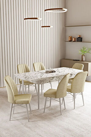 Vien Beyaz Mermer Desen 80 X 132 Açılabilir MDF Mutfak Masası 6  Sandalye