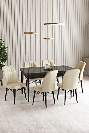 Vien Siyah Mermer Desen 80 X 132 Açılabilir MDF Mutfak Masası 6  Sandalye