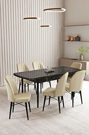 Vien Siyah Mermer Desen 80 X 132 Açılabilir MDF Mutfak Masası 6  Sandalye