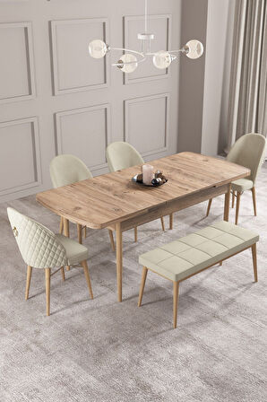 Calvin Atlantik 80x132 Açılabilir Mdf Masa Yemek Odası Takımı, Mutfak Takımı 4 Sandalye, 1 Bench