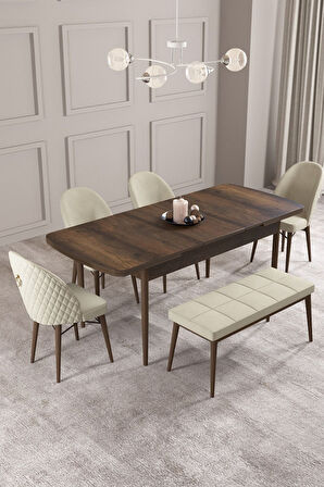 Calvin Barok 80x132 Açılabilir Mdf Masa Yemek Odası Takımı, Mutfak Takımı 4 Sandalye, 1 Bench
