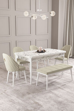 Calvin Beyaz Mermer 80x132 Açılabilir Mdf Masa Yemek Odası Takımı, Mutfak Takımı 4 Sandalye, 1 Bnch 