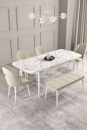 Calvin Beyaz Mermer 80x132 Açılabilir Mdf Masa Yemek Odası Takımı, Mutfak Takımı 4 Sandalye, 1 Bnch 