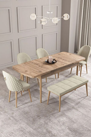 Calvin Atlantik 80x132 MDF Açılabilir Mutfak Masası Takımı 4 Sandalye, 1 Bench