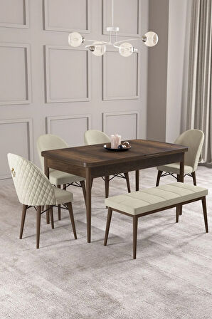 Calvin Barok Desen 80x132 MDF Açılabilir Mutfak Masası Takımı 4 Sandalye, 1 Bench
