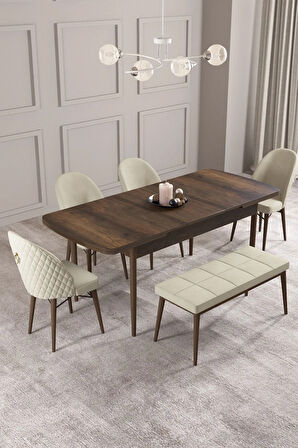 Calvin Barok Desen 80x132 MDF Açılabilir Mutfak Masası Takımı 4 Sandalye, 1 Bench