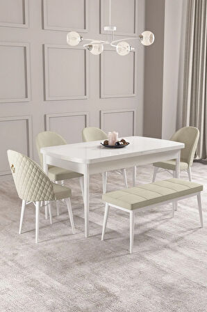 Calvin Beyaz 80x132 MDF Açılabilir Mutfak Masası Takımı 4 Sandalye, 1 Bench